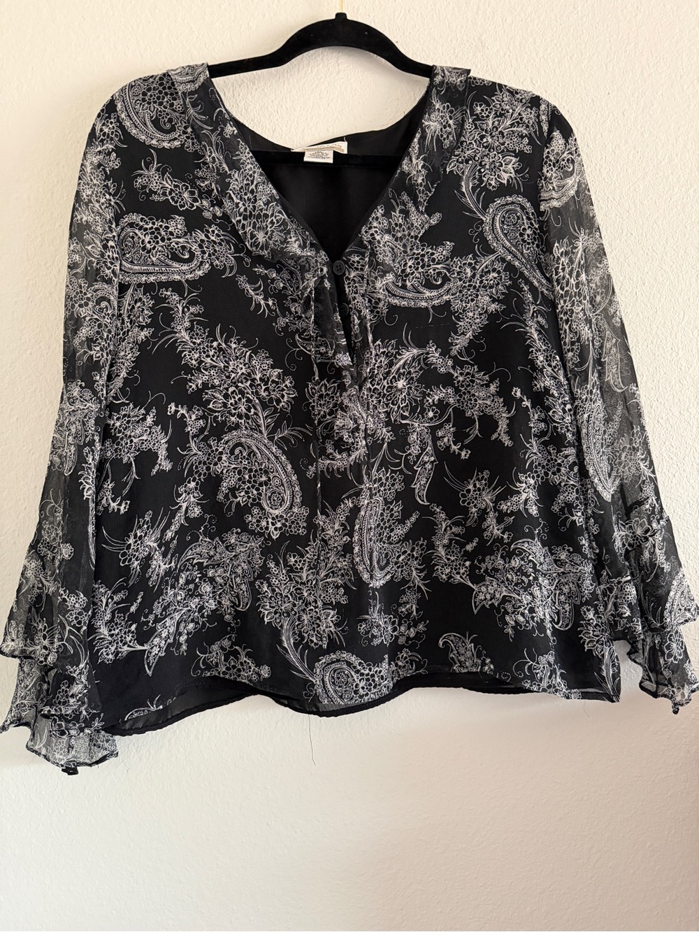 Vintage New York City Design Blouse Top Silk Black Ruffled WhimsiGoth Fairy